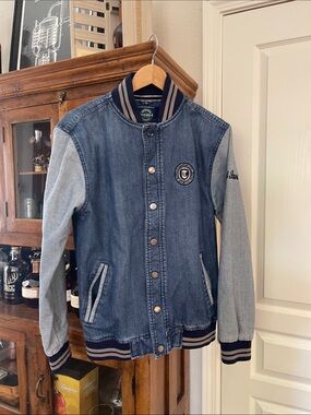 Denim Two-Tone Varsity Jacket with Light Gray Sleeves